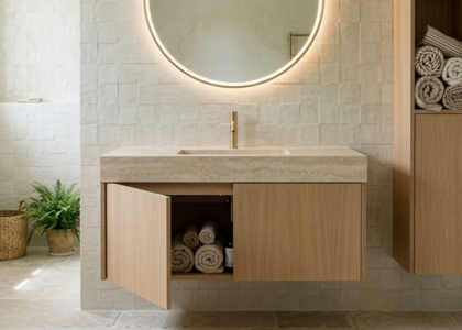 Meuble de salle de bain sur mesure : le guide complet 2026 (dimensions, matériaux, portes)
