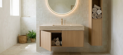 Meuble de salle de bain sur mesure : le guide complet 2026 (dimensions, matériaux, portes)