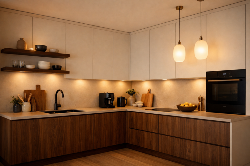 Cuisinella façades Sweetch interior modèle PAO Noyer et Lait d'amande