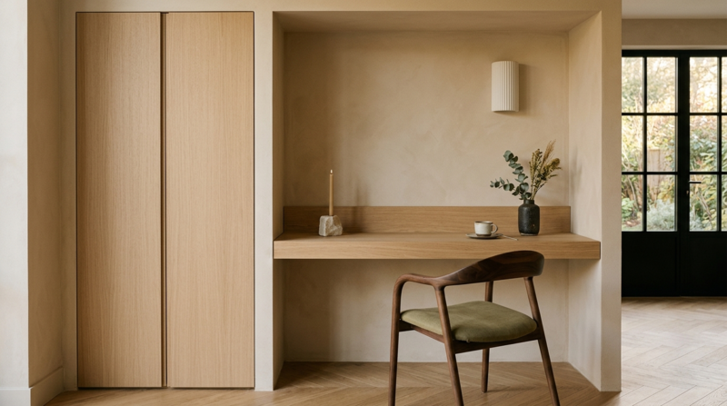 bureau minimaliste amenagé portes de placard en chêne sweetch interior