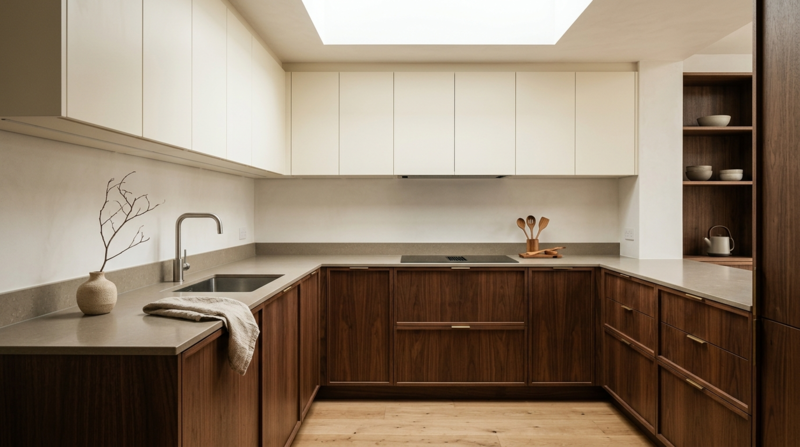 Cuisine Mobalpa façades Sweetch Interior modèle PAO et Ring Lait d'amande et Noyer naturel