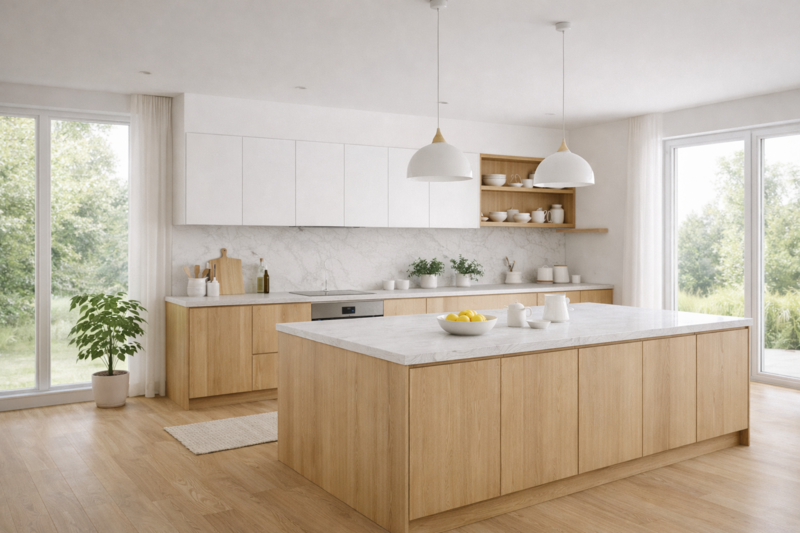 Cuisine scandinave lumineuse avec îlot en bois massif, façades blanches sans poignées et suspensions design