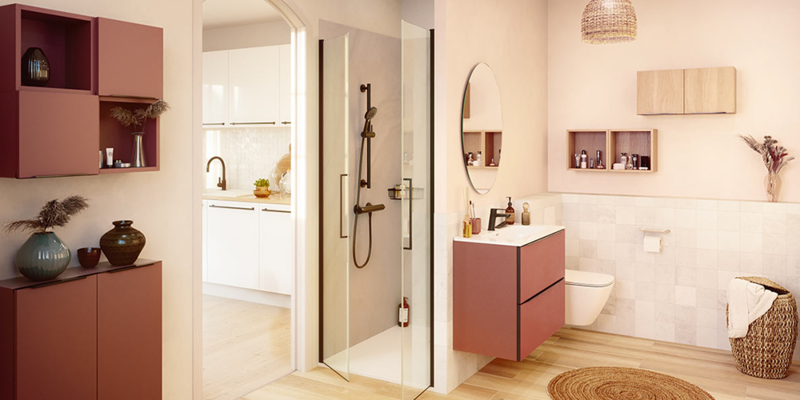 Salle de bain bain rose et blanche